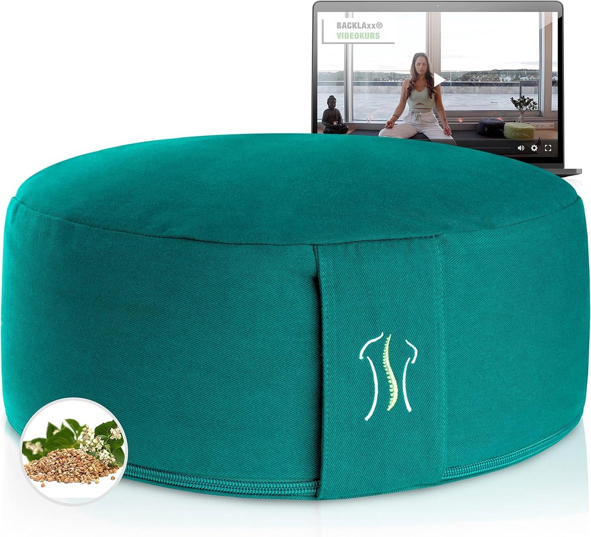 Meditatiekussen, yogakussen met boekweitvulling, zithoogte 15 cm en zitbreedte 35 cm, rond yogakussen, inclusief videocursus, zitkussen, vloer, yogakussen, rond, meditatiekussen set