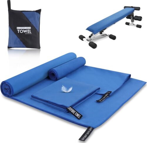 Microvezel handdoeken, set van 3, 180 x 80 cm, microvezel badhanddoek, groot + 2 stuks 80 x 40 cm, kleine sporthanddoek, kleurecht, sneldrogend, voor fitnessstudio, strandhanddoek (blauw)