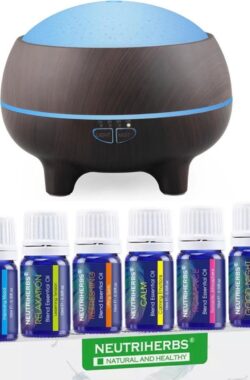 Neutriherbs Aroma Diffuser Cadeau Set – Cool Mist Incl 3x 10 ML Etherische Olie – Luchtbevochtiger – Verdamper – Aromatherapie – Geurverspreider – Bluetooth Speaker – App Controle