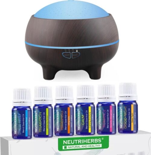 Neutriherbs Aroma Diffuser Cadeau Set - Cool Mist Incl 3x 10 ML Etherische Olie - Luchtbevochtiger - Verdamper - Aromatherapie - Geurverspreider - Bluetooth Speaker - App Controle