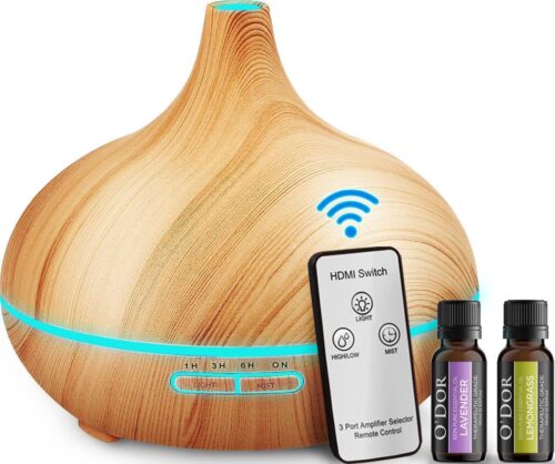 O'dor® Aroma Diffuser - Afstandsbediening - met EXTRA 2 flesjes Etherische Olie - Aromatherapie Geurverspreider Luchtbevochtiger - Hout Look