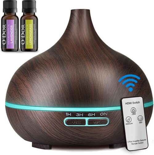 O'dor® Aroma Diffuser met Afstandsbediening met Extra 2 flesjes 100% PURE Etherische Olie - Geurverspreider - Ultrasone Vernevelaar Luchtbevochtiger Verdamper Aromatherapie - Donkerbruin