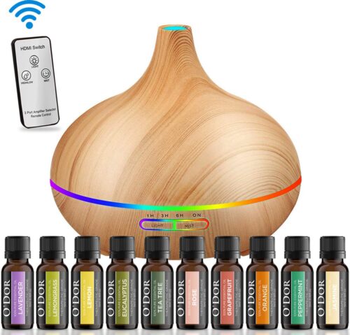 O'dor® Aroma Diffuser met Cadeauset van 10 flesjes Etherische Olie - Geurverspreider - Vernevelaar - Luchtbevochtiger - Verdamper - Aromatherapie - Geurverspreider - Hout Look