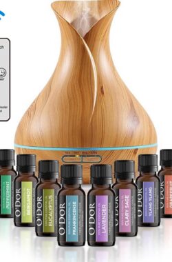 O’dor® Cadeau Set Aroma Diffuser met Extra 12 flesjes Etherische Olie – Vernevelaar – Luchtbevochtiger – Verdamper – Aromatherapie – Geurverspreider – Hout Look