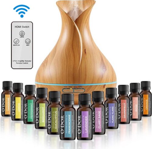 O'dor® Cadeau Set Aroma Diffuser met Extra 12 flesjes Etherische Olie - Vernevelaar - Luchtbevochtiger - Verdamper - Aromatherapie - Geurverspreider - Hout Look