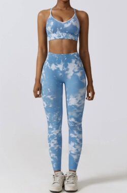 PRINTED GYM SET – Maat L – 2delig – Multicolour Blauw – Gym Set – Gym Legging – Gym Kleding – Fitness set – Fitness kleding – Fitness top & legging – Sportkledingset – Sporttop – Sportlegging – Yogaset – Yogalegging – Yogatop