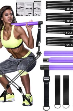 Pilatesbarset, instelbare pilatesbar met 4 weerstandsbanden, schuimrubberen handgreep en deuranker. Draagbare fitnessapparaten voor thuis, voor yoga, stretch, vormen