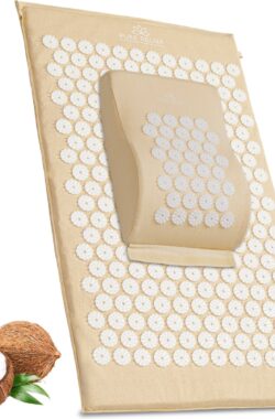 Pure Relief Eco Spijkermat Set met Spijkerkussen Beige – Kokosvezel Vulling – 74×42 cm 1kg gewicht – Acupressuur Mat – Spijkerbed – Acupunctuur Kussen – Shakti Massage