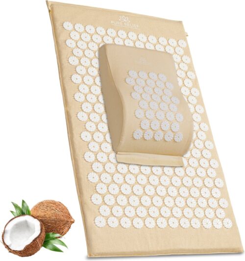 Pure Relief Eco Spijkermat Set met Spijkerkussen Beige - Kokosvezel Vulling - 74x42 cm 1kg gewicht - Acupressuur Mat - Spijkerbed - Acupunctuur Kussen - Shakti Massage