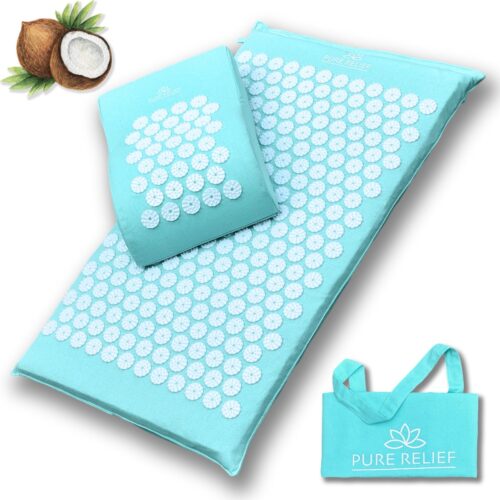 Pure Relief Eco Spijkermat Set met Spijkerkussen GROEN - Kokosvezel Vulling - 74x42 cm 1kg gewicht - Acupressuur Mat - Spijkerbed - Acupunctuur Kussen - Shakti Massage