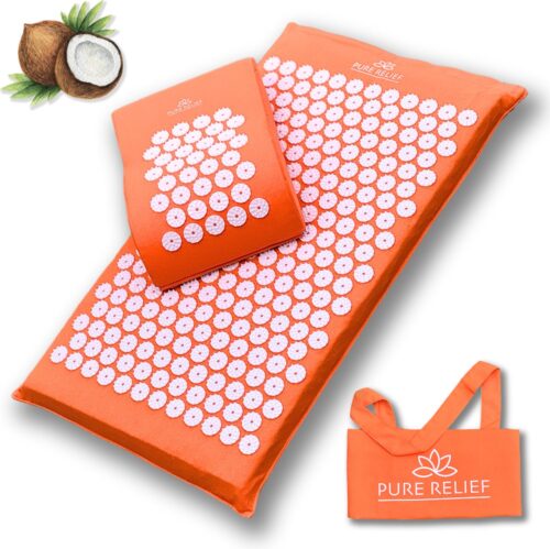 Pure Relief Eco Spijkermat Set met Spijkerkussen ORANJE - Kokosvezel Vulling - 74x42 cm 1kg gewicht - Acupressuur Mat - Spijkerbed - Acupunctuur Kussen - Shakti Massage