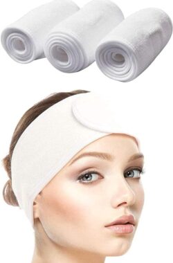 Queta haarband voor make-up, cosmetische hoofdband badstof, verstelbare haarbeschermingsband met klittenband 3 pack (wit)