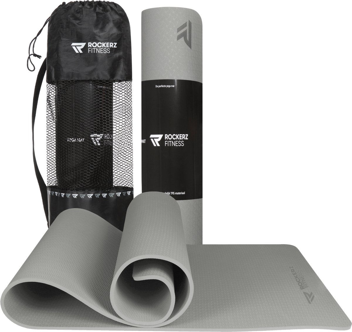 Rockerz Deluxe Yoga mat - Fitness mat - Sport mat - Yogamat anti slip & eco - Extra Dik - Duurzaam TPE materiaal - Incl Draagtas - Grijs