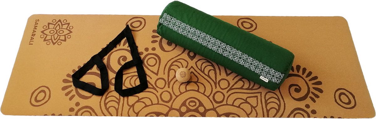 Samarali Bos Groen Yin Yoga Set Moon - Inclusief Kurk Yogamat, Bolster, Massagebal & Draagriem - 100% Ethisch Geproduceerd