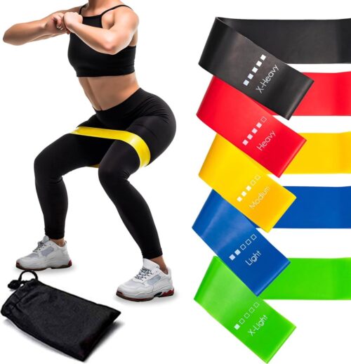 Set van 5 fitnessbanden 100% latex met opbergzakje, 5 weerstandsniveaus X-Light, Light, Medium, Heavy, X-Heavy, 2-18 kg, 600 mm (groen, blauw, geel, rood en zwart)