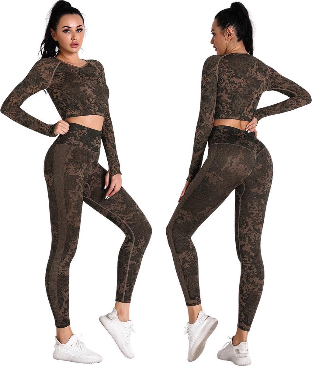 Sportoutfit - Sportkleding Set Dames - Yoga Kleding - Sport BH - Sportlegging Dames - Sport Top - High Waist Legging Dames - Camouflage Kleding - Dames Kleding - Panterprint - Luipaard - Legging & Shapewear Dames | Top + Legging | Goud | Maat S