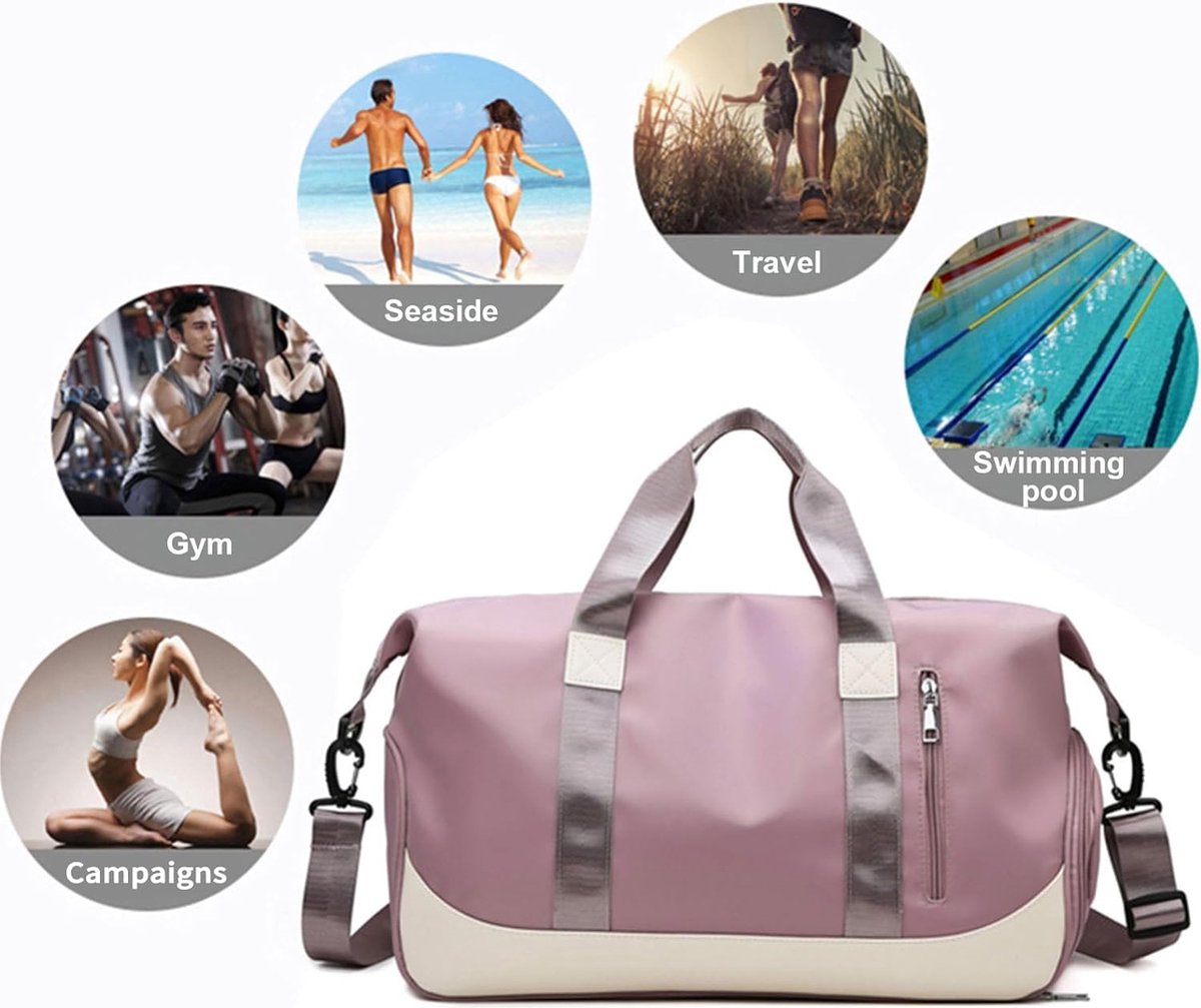 Sporttas Dames Reistas met Schoenenvak Natte Tas, Weekendtas Fitnesstas Waterdicht Groot Gym Bag Handbagage Travel Bag Boodschappentas Duffelbag voor Sport/Fitness/Outdoor, Roze Paars