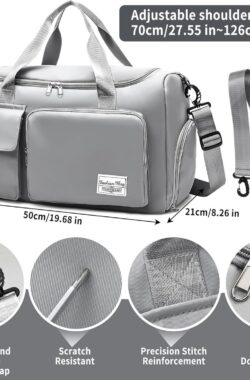 Sporttas Heren Jongen, Reistas Groot Waterdicht Gym Bag met Schoenenvak en Vochtige Vak, Travel Sportbag Boodschappentas Zwemtas Weekendtas Handbagage Fitnesstas Sportzak Fitnesstas, Grijs