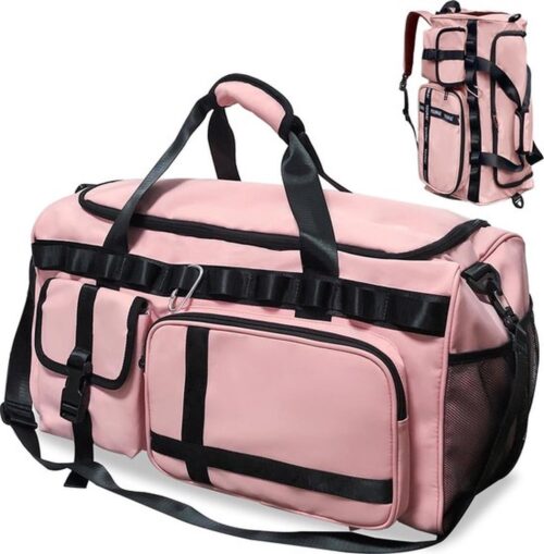 Sporttas voor dames, grote crossbody bag, sporttas met schoenenvak en nat vak, dames heren, gymtas, 65 liter, reistas, zwemtas, overnachting, weekendtas, handbagagetas, roze, modern