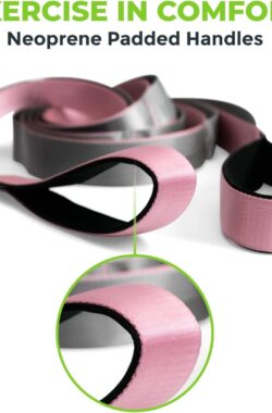 Stretching riem, premium kwaliteit multi-loop riem, neopreen gewatteerde handgrepen, 12 lussen, 1,5 inch B x 8 ‘ L, Roze | Grijs