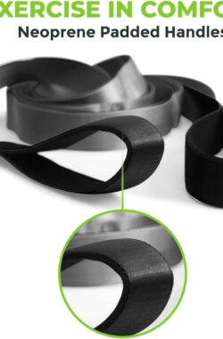 Stretching riem, premium kwaliteit multi-loop riem, neopreen gewatteerde handgrepen, 12 lussen, 1,5 inch B x 8 ‘ L, Zwart/Grijs