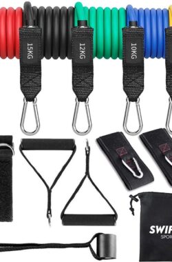 Swifty Sport – Weerstandsbanden Set – Fitness Elastiek Met Handvatten – Enkelbanden – Handvaten – Trainingsbanden – Elastiek fitness – Weerstandsbanden voor fitness set van 5 – Gratis Draagtas & Oefeningen