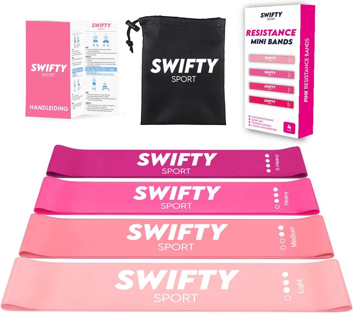 Swifty Weerstandsbanden Set - 4 stuks - Incl. Draagtas en Nederlandstalige Handleiding - Premium Vrouwen Set - Elastiek Fitness band - Fitness banden - Fitness Elastieken, Resistance Band Set , Gymnastiekband , Trainingsbanden