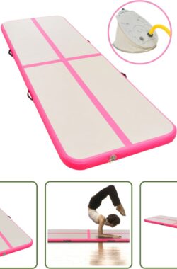 The Living Store Opblaasbare sportmat – 800 x 100 x 10 cm – schokabsorberend – waterdicht – grijs/roze – inclusief pomp