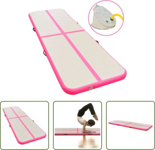 The Living Store Opblaasbare sportmat - Grote en professionele mat - Grijs en roze - 700 x 100 x 10 cm - Hoge-dichtheid PVC - Inclusief pomp