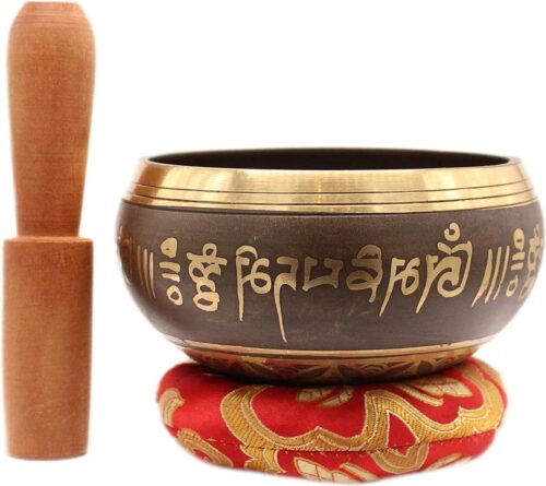 Tibetaanse klankschaal met sokkel en houten koepel - handgemaakt in Nepal voor genezing bewustzijn en meditatie - Golden Etched - Meditatieklankschaal - Tibetaans handgemaakt singing bowl set