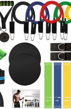 Trainingsbanden set – 5 combineerbare weerstandsbanden – 5 lusvormige trainingsbanden – Springtouw – Fitnessbanden – Deuranker – Handgrepen – Hoofdband – Koelhanddoek – 23-delig