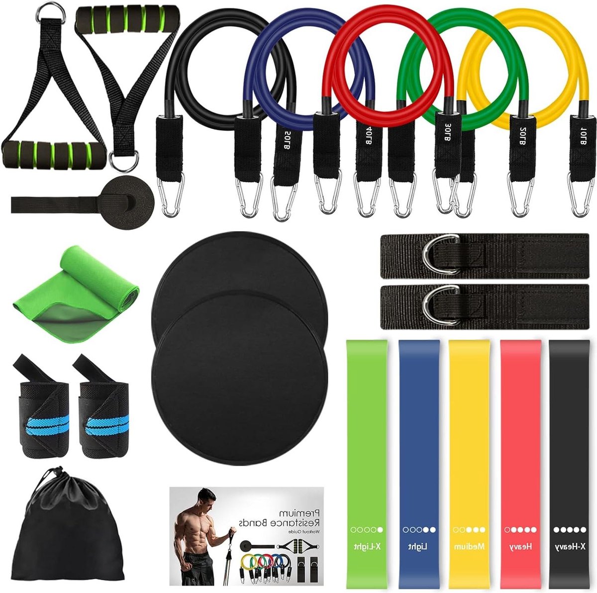 Trainingsbanden set - 5 combineerbare weerstandsbanden - 5 lusvormige trainingsbanden - Springtouw - Fitnessbanden - Deuranker - Handgrepen - Hoofdband - Koelhanddoek - 23-delig