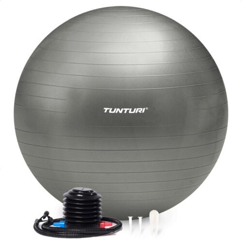 Tunturi Anti Burst Fitness bal met Pomp - Yoga bal 90 cm - Pilates bal - Zwangerschapsbal - 220 kg gebruikersgewicht - Incl Trainingsapp - Zilver