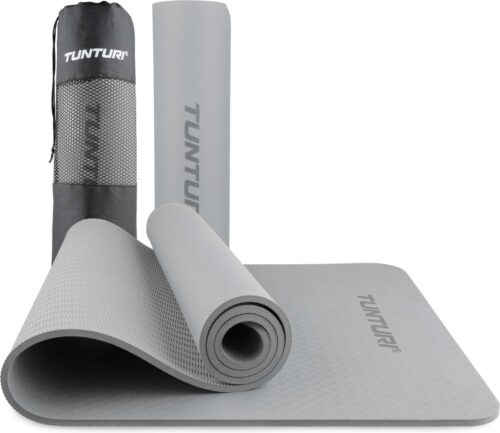 Tunturi Yoga Mat 8mm - Pilates mat - Extra dikke fitness mat - 183x61x0,8 cm - Incl Draagtas - Ecologisch materiaal - Eenvoudig te reinigen - Grijs