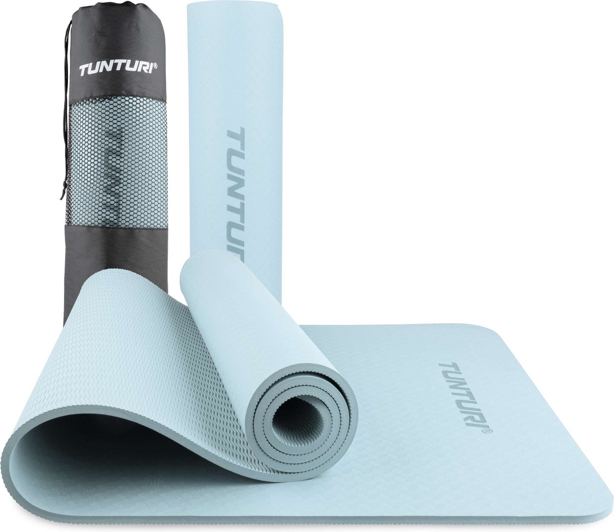 Tunturi Yoga Mat 8mm - Pilates mat - Extra dikke fitness mat - 183x61x0,8 cm - Incl Draagtas - Ecologisch materiaal - Eenvoudig te reinigen - Licht Blauw