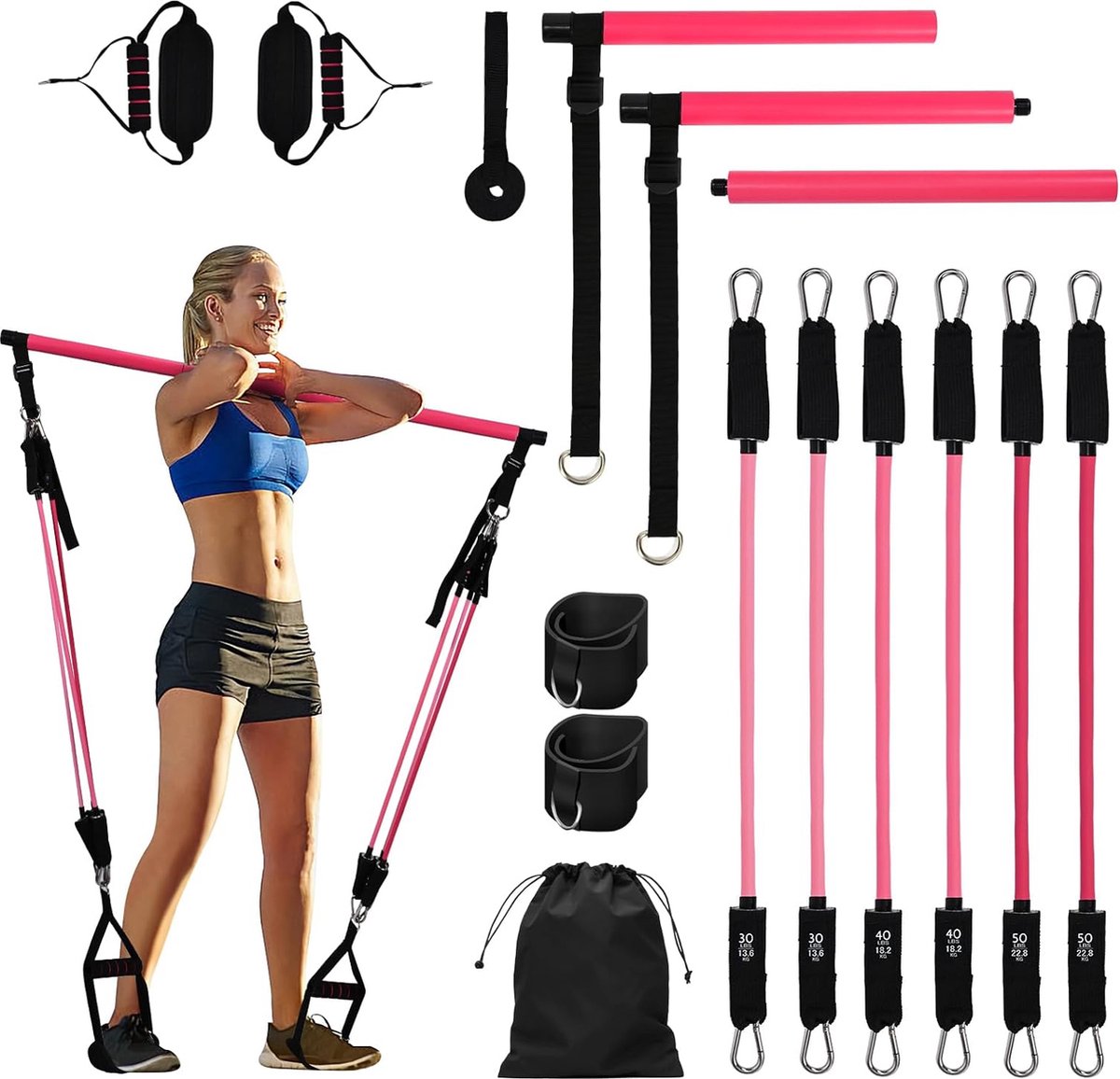 Verstelbare pilates barkit met 6 weerstandsbanden, schuimrubberen greep, enkelriemen en deuranker voor benen, heupen, draagbare fitnessapparatuur voor thuis, voor yoga, pilates, stretchvormen,