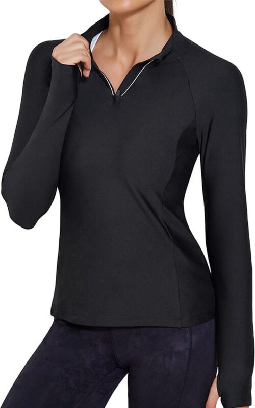 Vrouwen Sport Shirts met Rits - Comfortabele Slim Fit Jas voor Yoga en Workouts - Duimgaten en Sneldrogend Materiaal - Zwart - Large