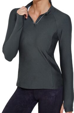 Vrouwen Sport Shirts met Rits – Maat M – Comfortabele Slim Fit Jas voor Yoga en Workouts – Duimgaten en Sneldrogend Materiaal – Sneldrogend – Met Duimgaten En Ritszakken – Geschikt Voor Yoga, Hardlopen, Fitness – Grijs – Medium