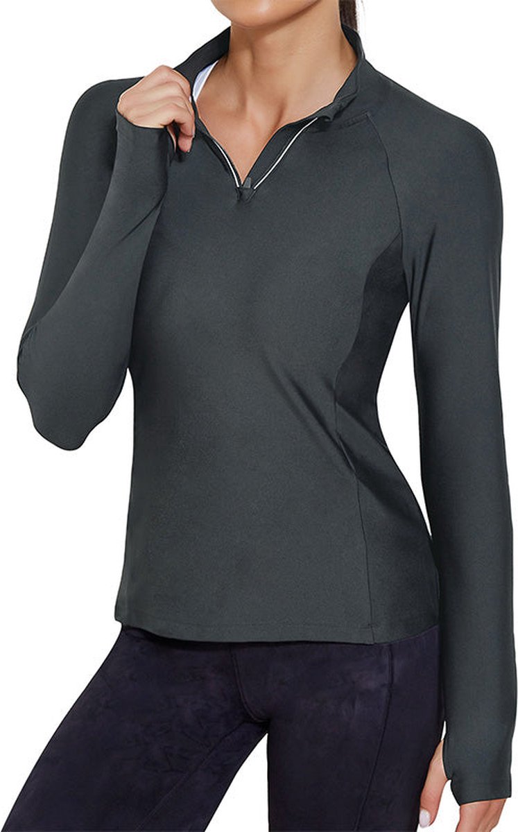 Vrouwen Sport Shirts met Rits - Maat M - Comfortabele Slim Fit Jas voor Yoga en Workouts - Duimgaten en Sneldrogend Materiaal - Sneldrogend - Met Duimgaten En Ritszakken - Geschikt Voor Yoga, Hardlopen, Fitness - Grijs - Medium