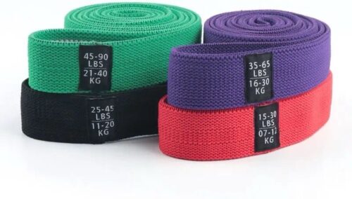 Weerstandsbanden - 4 Delige Lange Resistance Band Set - Stoffen Fitness Elastiek - Elastieken - Stretch band - Fitnessband - Fysiotherapie - Yogaband - Yoga - Pilatesset van 4 stuks - Extra sterk tot 18kg - Incl Opbergzakje - Resistance band set