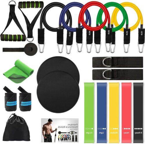 Weerstandsbanden set - 5 combineerbare trainingsbanden - 5 lusvormige weerstandsbanden - springtouw - fitnessbanden - deuranker - handgrepen - hoofdband - koelhanddoek - 23-delig