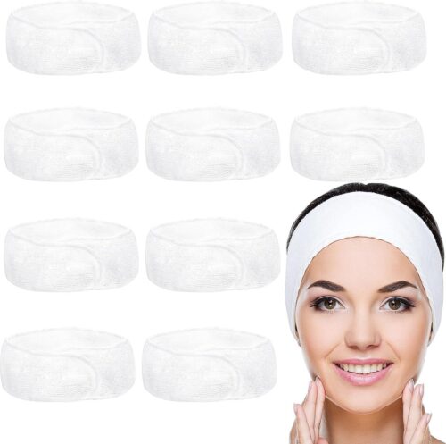 Witte Spa Gezicht Hoofdbanden (10 Pak) - Make-up Hoofdband - Aanpasbare Gezichts- en Douche Band - Handdoek om Haar en Hoofd te Beschermen Voor Wassen, Baden en Sport