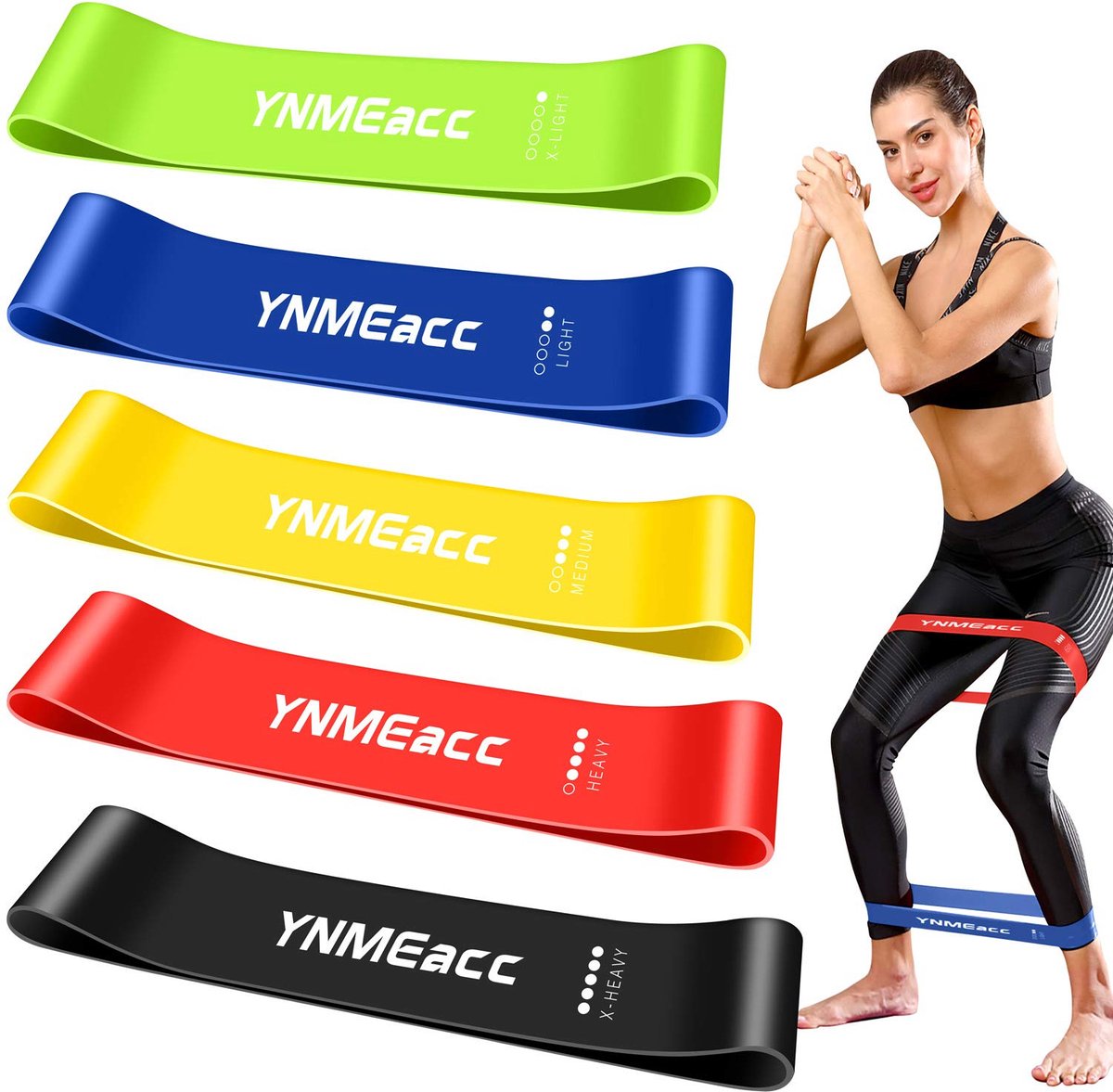 YNMEacc Theraband Weerstandsbanden, 5-delige set, gymnastiekband van natuurlijk latex met handleiding (mogelijk niet beschikbaar in het Nederlands) en draagtas voor spieropbouw, yoga, thuistraining,