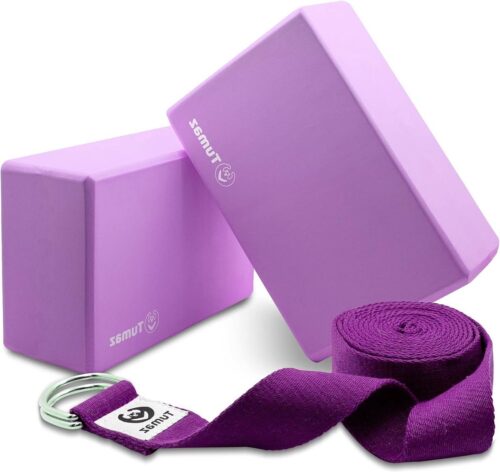 Yoga Blocks Set of 2 with Premium Strap - High Density Bricks for Spine Flexibility - Yoga & Pilates - Lightweight Anti-slip Surface - Extra-Durable - Instruction E-Book