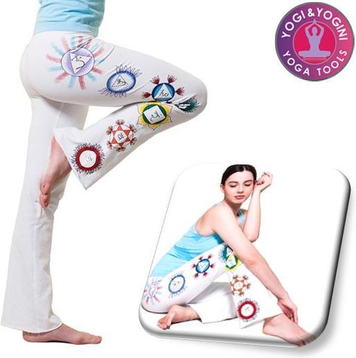 Yoga handgeschilderde Chakra broek - Katoen - Wit - Maat M