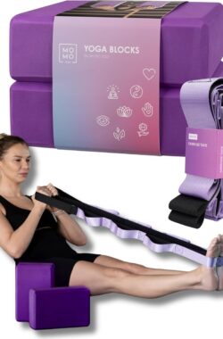 Yogablok Set van 2 met yogariem, 210 cm in paars, yoga-blokken EVA-schuim, fitnessaccessoires voor pilates, stretching, rugtraining, yogaband en yogaband voor beginners en gevorderden