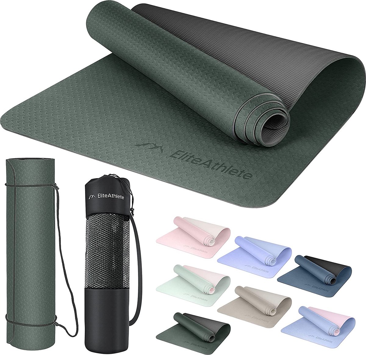 Yogamat, sportmat, fitnessmat, gymnastiekmat, gevoerd en antislip voor fitness, pilates, yogamat, 183 cm x 61 cm x 0,6 cm, trainingsmat incl. transportband + tas