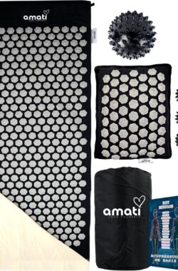 Amati Blue Lotus XL Spijkermat – met kussen – Massageroller & -Bal – Acupressuur Mat – Shakti Mat – Zwart