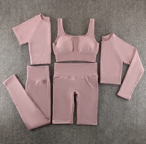 Gymset - LIGHT RIBBED - Maat L - Oudroze - Roze - 5delig - Fitness set - Sportkledingset - Sportset - Sporttop - Yogaset