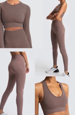 Gymset SOFT – 3delig – Bruin – Maat M – Fitness kleding – Sportoutfit – Sportkledingset – Sportlegging – Sporttop – Fitness set – Fitness legging en top – Gym legging en top – Yogaset – Yogalegging en top